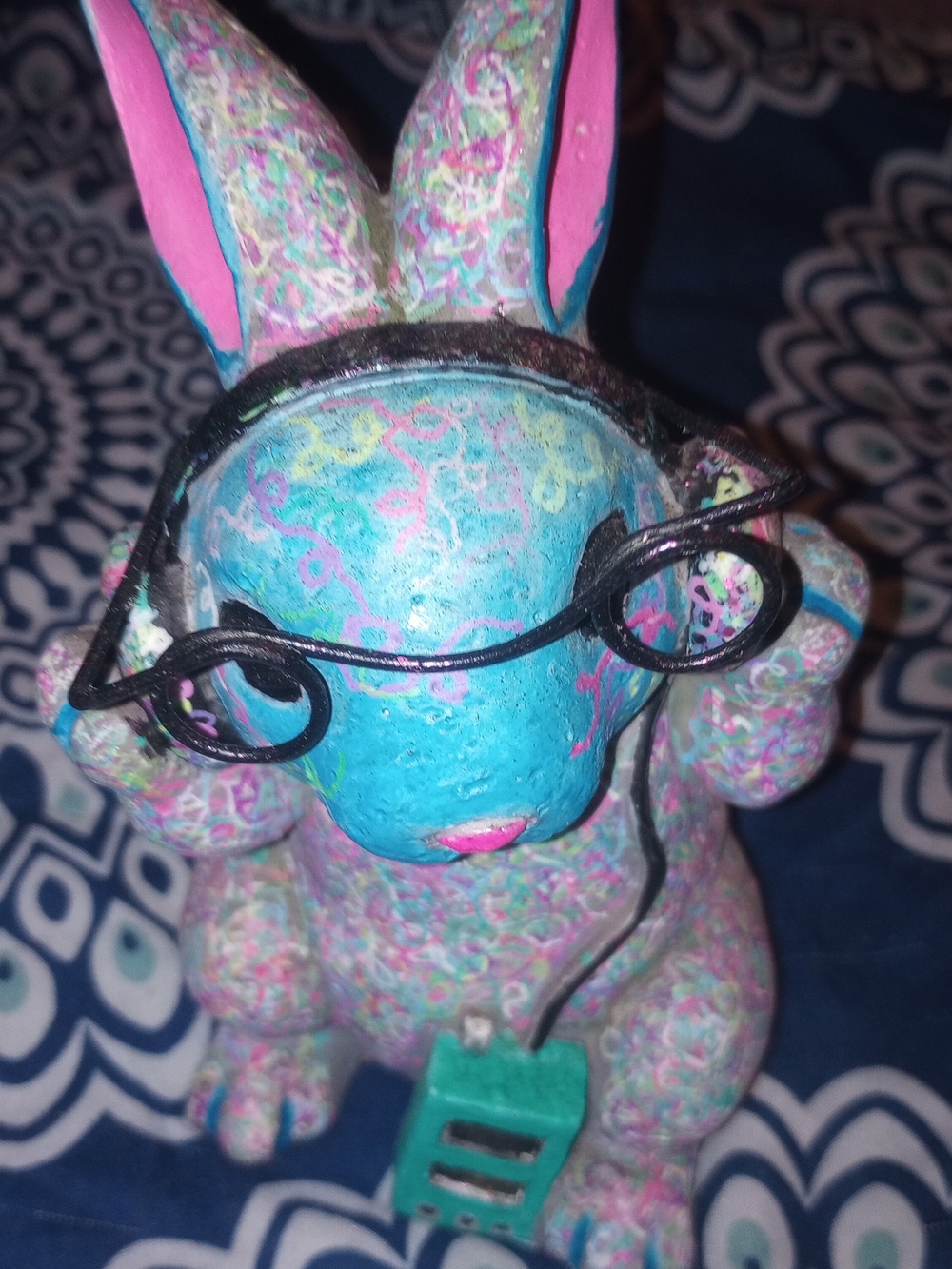Handcrafted Blue & Pink Bunny  Sculpture with Glasses - Rocking Roll Rabbit